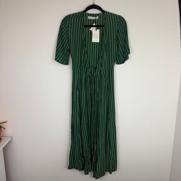 NWT Faithfull the Brand Womens Rivers Wrap Green/White Striped Tie Midi Dress 2 - Picture 2 of 12